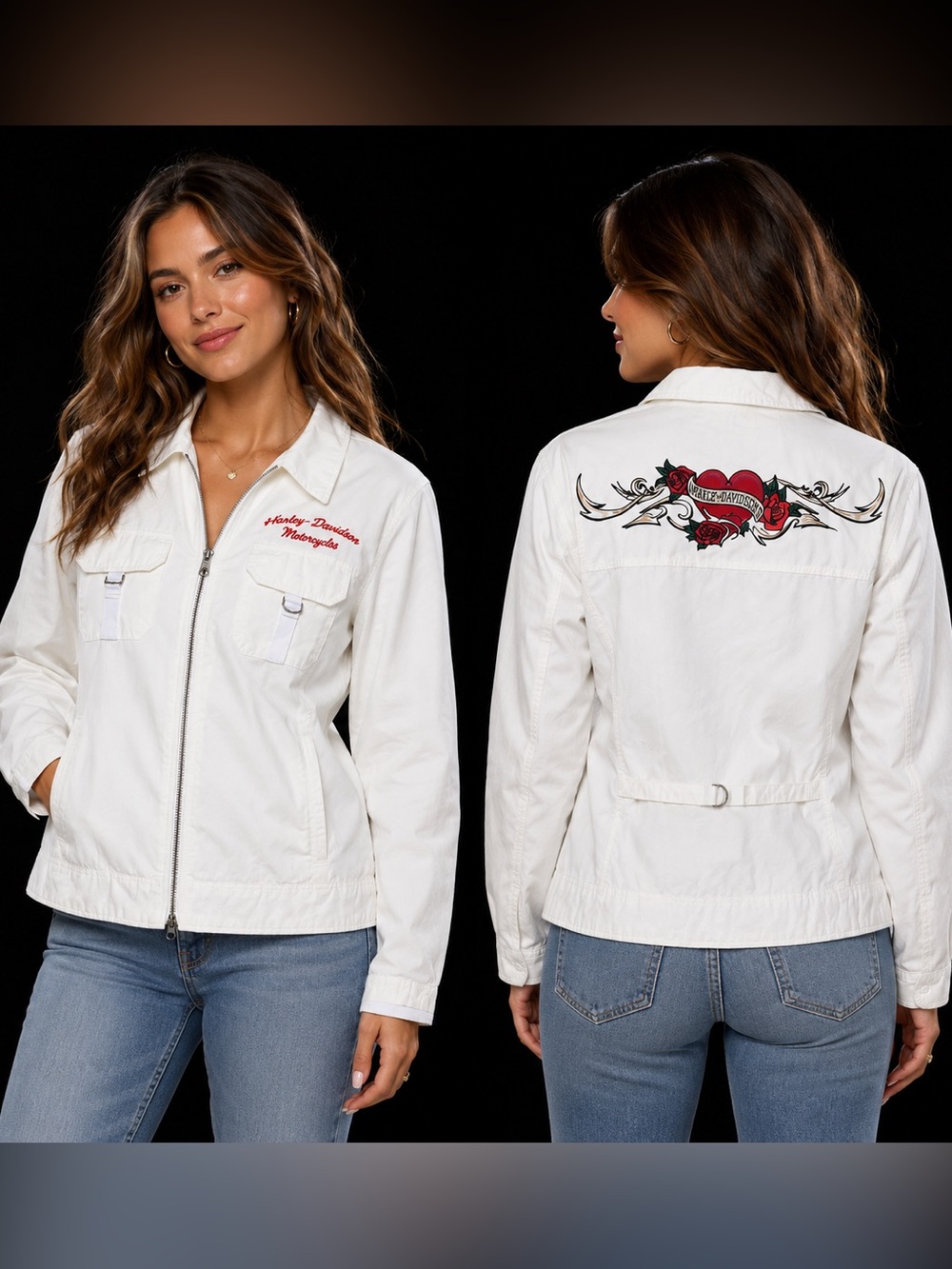 Harley Davidson White Zip up Biker Jacket Size 1X Pockets Embroidered HD